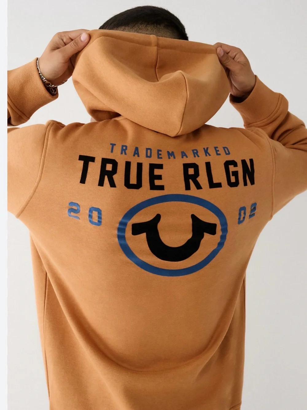 True Religion Camel Hoodie with Blue and Black Logo